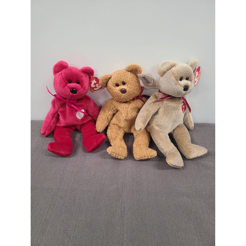 Ty Beanie Babies Lot of 3 Valentina, Curly, and 1999 Signature Bear with Tags